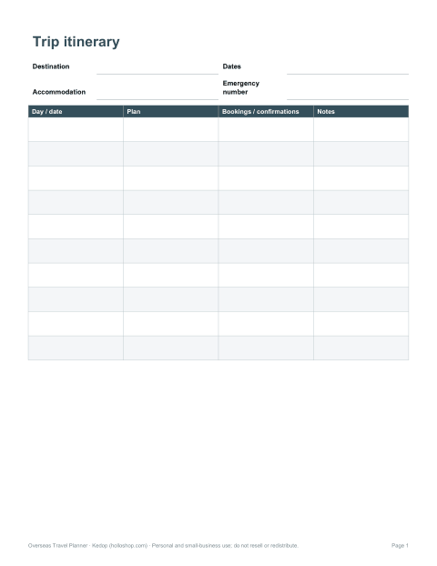 Preview of the first page of Itinerary planner (DOCX/PDF)