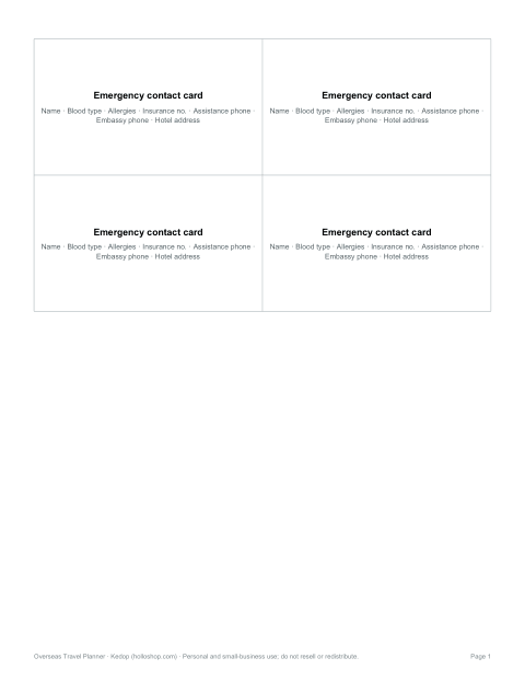 Preview of the first page of Emergency card (PDF)